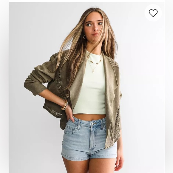 We The Free Jackets & Blazers - We The Free Lost Cause 100% Cotton Olive Green Cropped Tie Front Cardigan